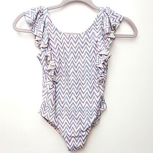 Crew Cuts Pink Blue Ruffle Chevron Swim Suit Size 8 yrs
